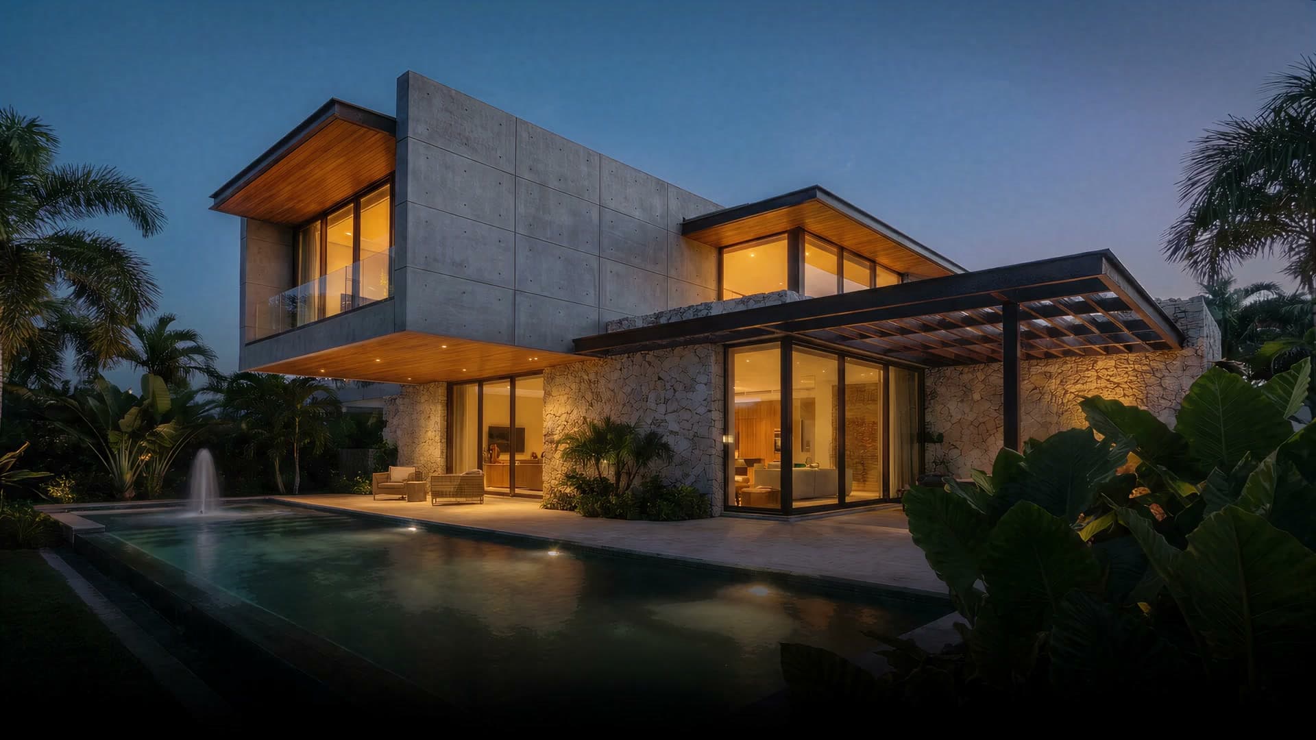 Residência contemporânea ao entardecer, volumes de concreto, madeira e a luz baixa