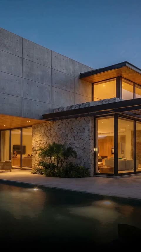 Residência contemporânea ao entardecer, volumes de concreto, madeira e a luz baixa